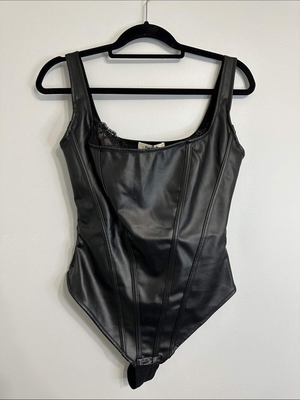 NWT Sleek Black Faux Leather Bodysuit with Lace Trim